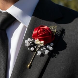 Red Rose Boutonniere with Pearl Spray