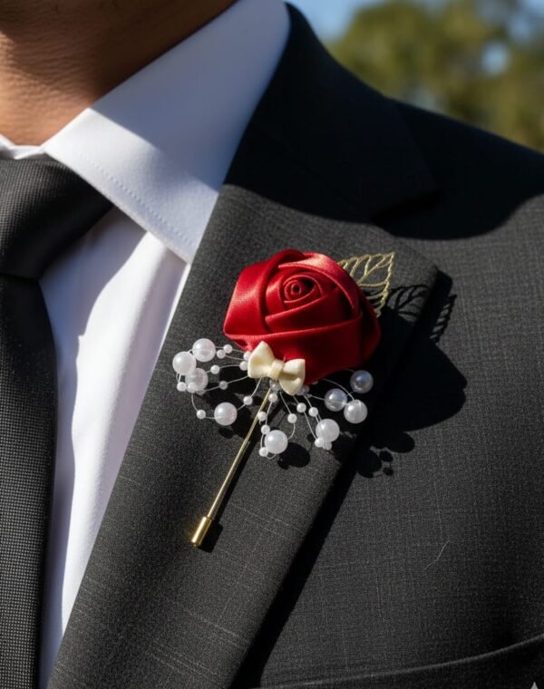 Red Rose Boutonniere with Pearl Spray