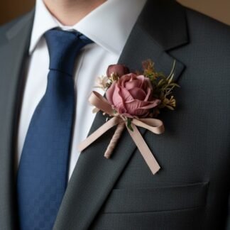 Blush Pink Rose Boutonniere with Ribbon