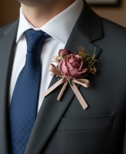 Blush Pink Rose Boutonniere with Ribbon