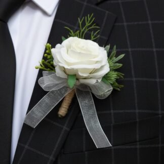 White Rose Boutonniere with Grey Ribbon