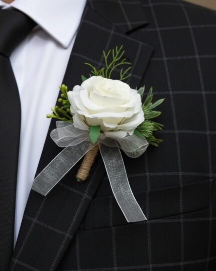 White Rose Boutonniere with Grey Ribbon