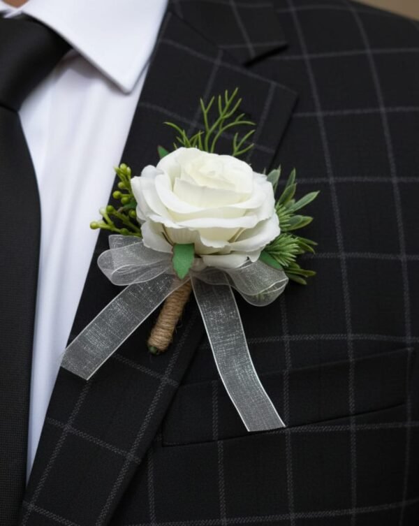 White Rose Boutonniere with Grey Ribbon