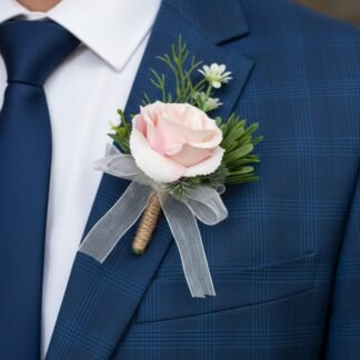 Blush Pink Rose Boutonniere on Sheer Ribbon