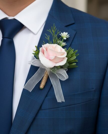 Blush Pink Rose Boutonniere on Sheer Ribbon