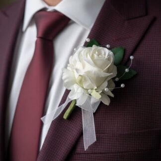 White Rose Boutonniere with Greenery