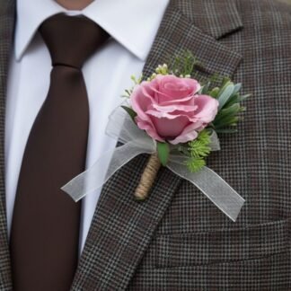 Pink Rose Boutonniere with Sheer Ribbon