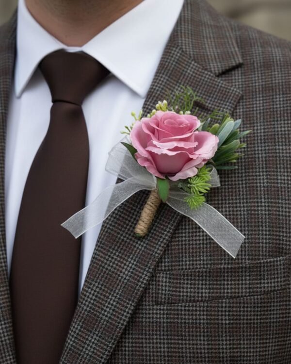 Pink Rose Boutonniere with Sheer Ribbon