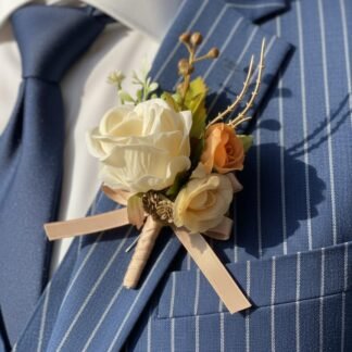Ivory & Gold Rose Boutonniere with Ribbon Tails