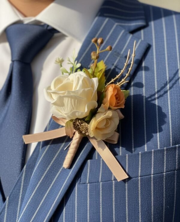 Ivory & Gold Rose Boutonniere with Ribbon Tails