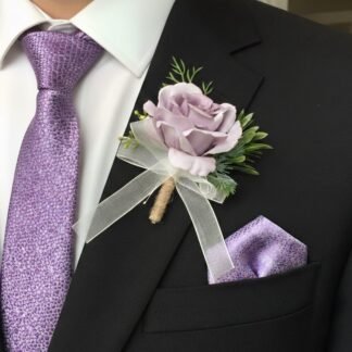 Lilac Rose Boutonniere with Pocket Square Match
