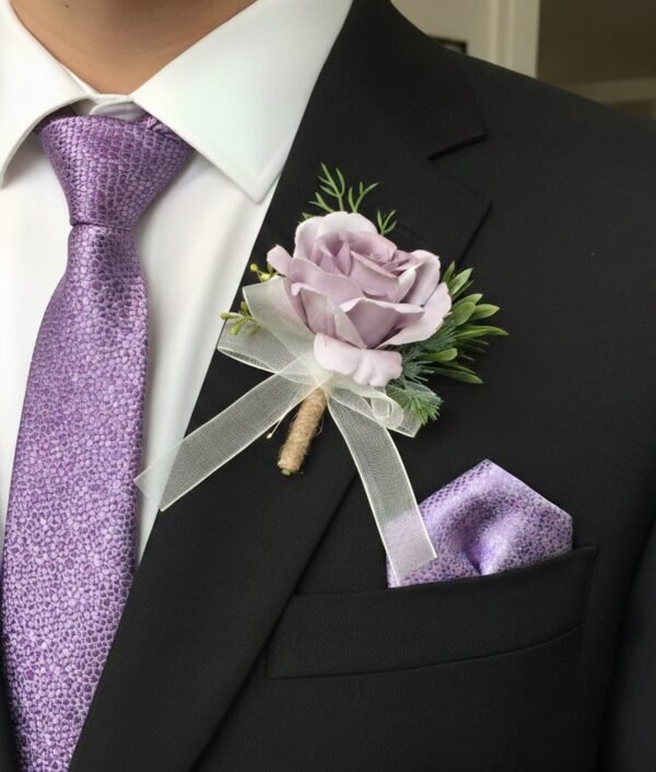 Lilac Rose Boutonniere with Pocket Square Match