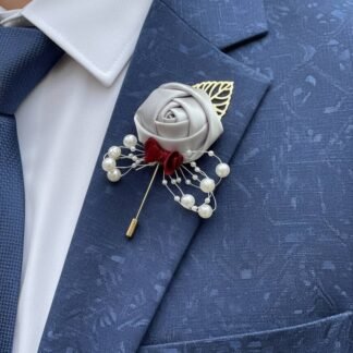Grey Fabric Rose Boutonniere with Pearl Pin