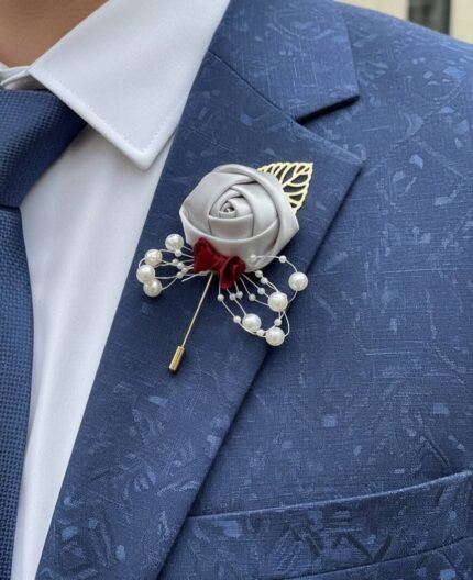 Grey Fabric Rose Boutonniere with Pearl Pin