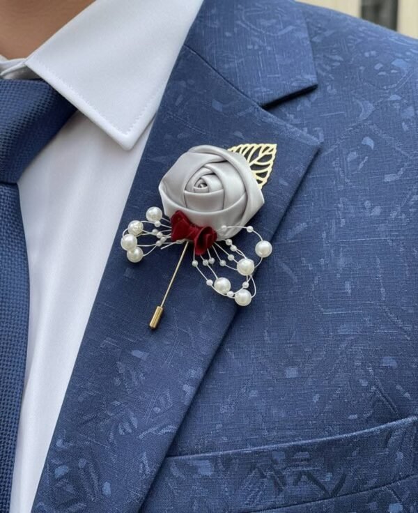 Grey Fabric Rose Boutonniere with Pearl Pin