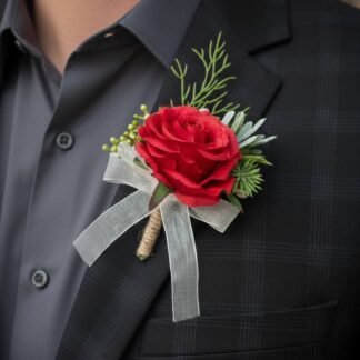 Red Rose Boutonniere with Greenery
