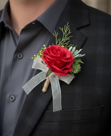Red Rose Boutonniere with Greenery