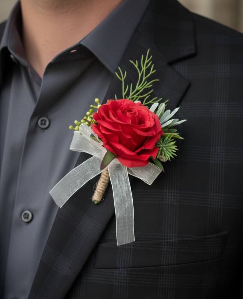 Red Rose Boutonniere with Greenery
