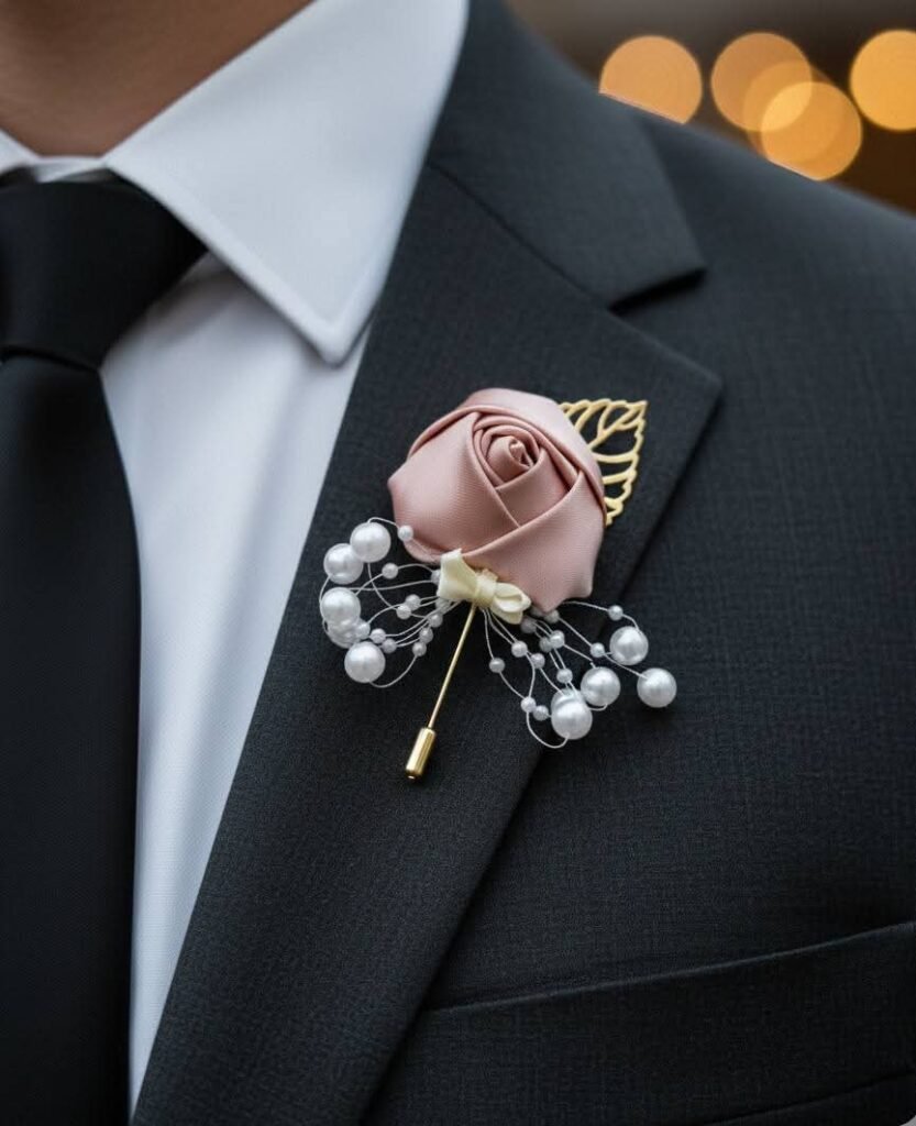 Dusty Mauve Rose Boutonniere with Leaf Pin