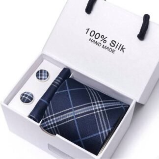 Navy Plaid Silk Tie, Pocket Square & Cufflink Set