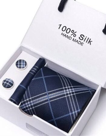 Navy Plaid Silk Tie, Pocket Square & Cufflink Set