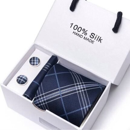 Navy Plaid Silk Tie, Pocket Square & Cufflink Set