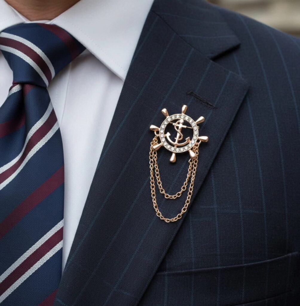 Ship Wheel Lapel Pin with Chain