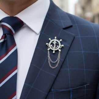 Ship Wheel Lapel Pin with Double Chain