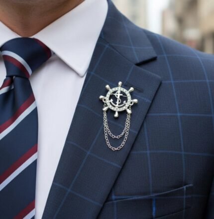 Ship Wheel Lapel Pin with Double Chain